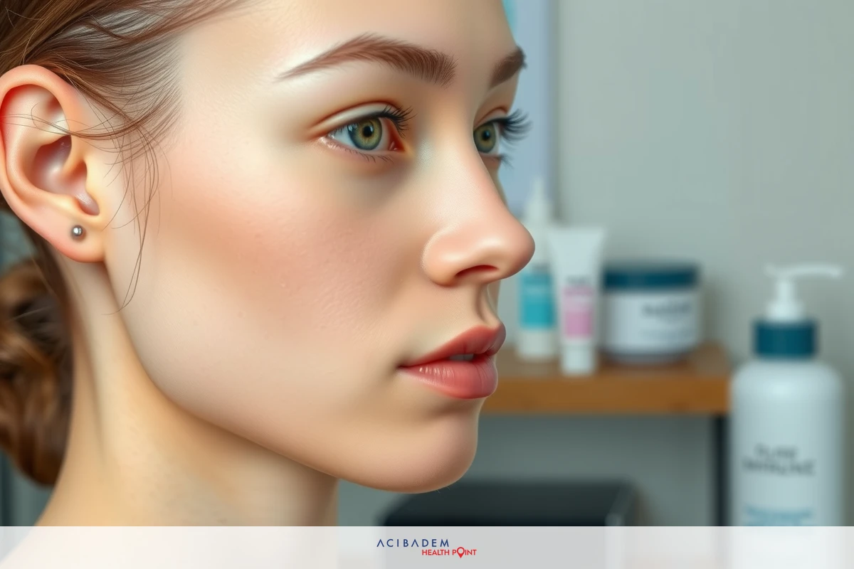 A woman is seated with her profile facing the camera, possibly in a clinic. Her face and neck are shown, she appears to be relaxed with light makeup and skincare products visible in the background.