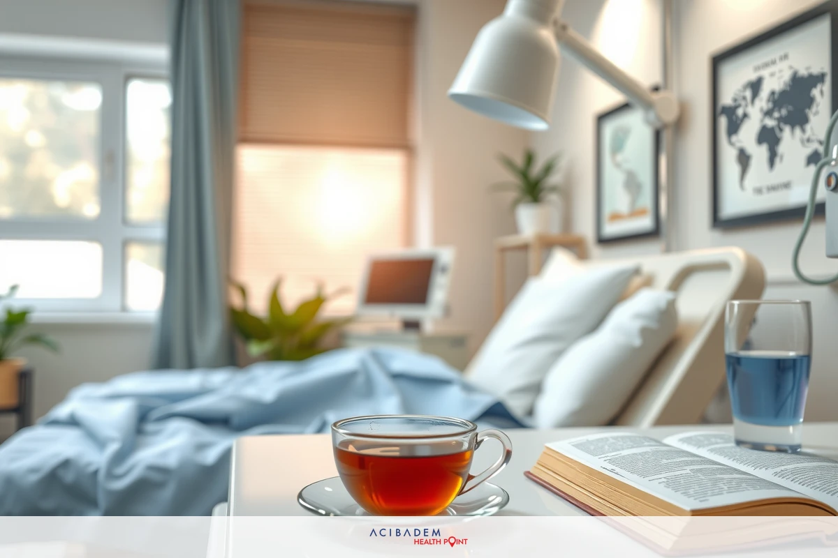Peaceful indoor setting with a bed, book, and tea cup. The room is well-lit, suggesting it could be a reading or relaxation space.
