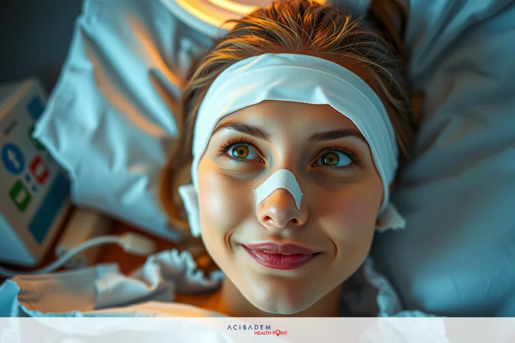 Do External Rhinoplasty Take Much Longer to Heal A woman is lying in a hospital bed with her head covered by medical bandages. She's smiling, which may suggest relief or hope after treatment.