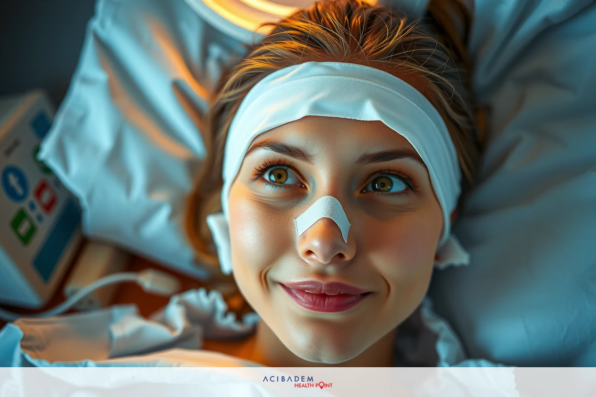 A woman is lying in a hospital bed with her head covered by medical bandages. She's smiling, which may suggest relief or hope after treatment.
