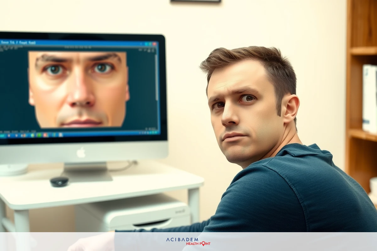 A man in a modern office setting, looking at a computer monitor displaying an image of his face. He appears focused on the screen which shows a 3D model of a face.