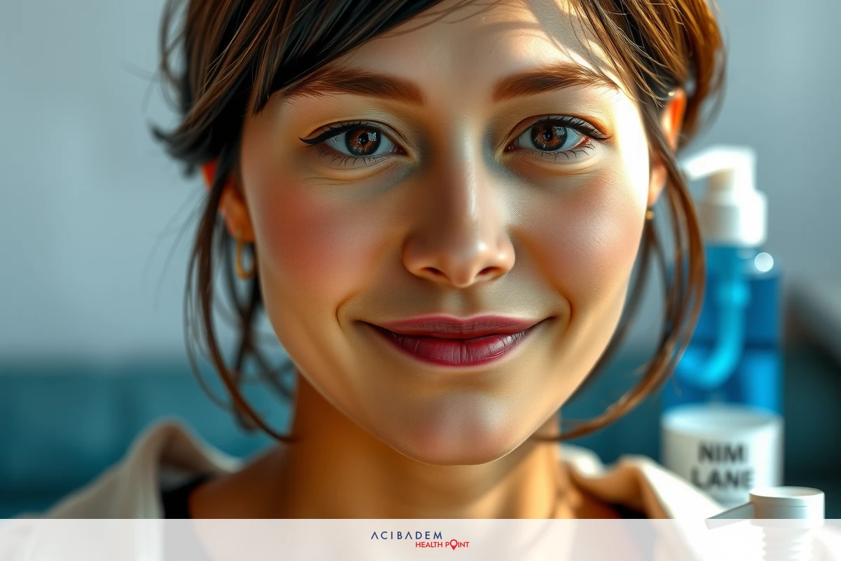 The image shows a smiling woman with light brown hair. She has subtle makeup, including lipstick, and appears to be looking slightly off-camera. The background is softly lit, possibly indoors, and there are several bottles that could suggest she is in a cosmetic or beauty setting.