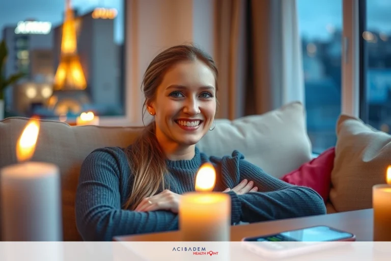How Long Does Closed Rhinoplasty Take to Heal? Woman sitting on couch looking at her cell phone. Candlelit atmosphere in a modern living room. She is smiling and seems relaxed.