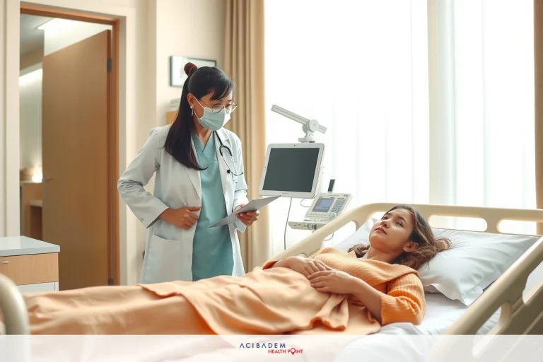 This image depicts a hospital setting. A female doctor is standing over a patient lying in bed, presumably going through medical examination or providing care. The environment suggests a clean and professional healthcare facility. The attire of the individuals, along with the equipment visible, indicates that this is likely an area within a hospital designated for patient treatment or observation.