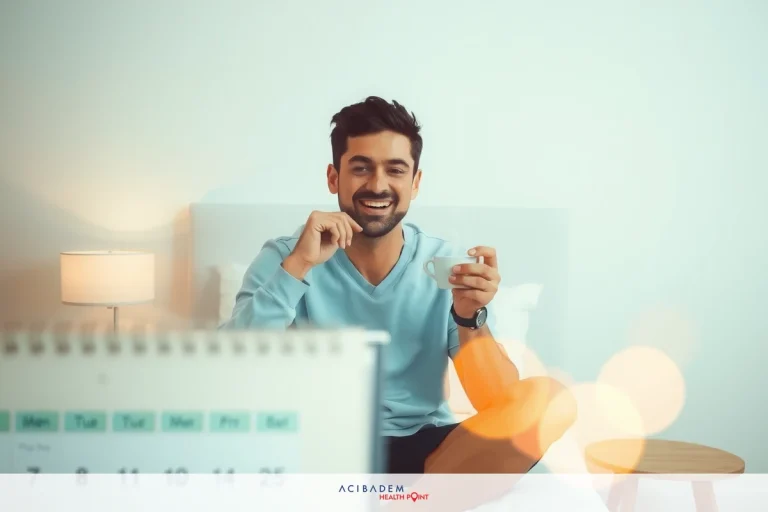 How Long Does Recovery from Rhinoplasty Take? A smiling man sitting in a hotel room on the bed behind to a calendar, holding an apple and looking at it. The environment suggests a relaxed, casual atmosphere.