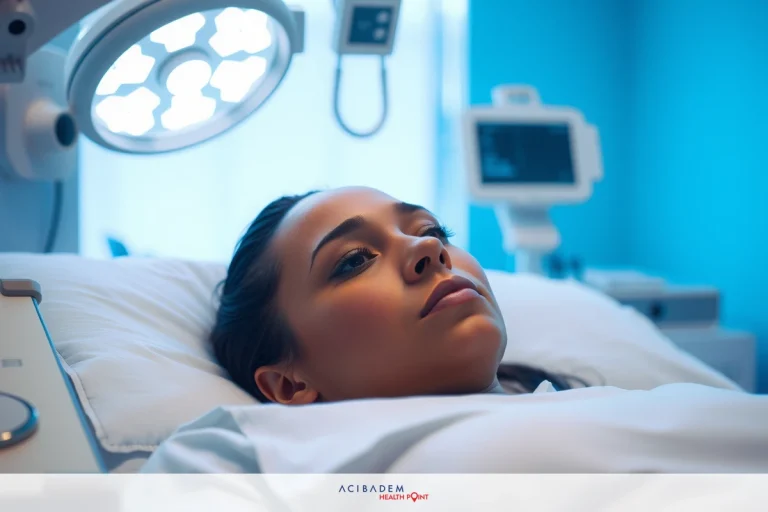 The image shows a woman lying on her back in a hospital bed. She is wearing a white gown and appears to be hooked up to medical equipment, possibly for monitoring or treatment purposes.
