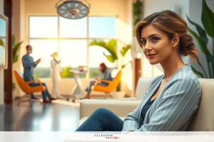 This image depicts a woman sitting on a modern couch in an office environment. She is dressed in professional attire and appears to be engaged in a conversation or observing someone outside of the frame.