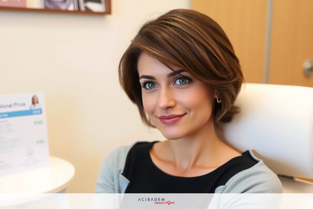 The image depicts a woman sitting in an office chair. She has short, styled hair and is wearing a dark top with a light-colored collar or shirt underneath. Her posture is relaxed, suggesting she might be waiting for someone or taking a break.