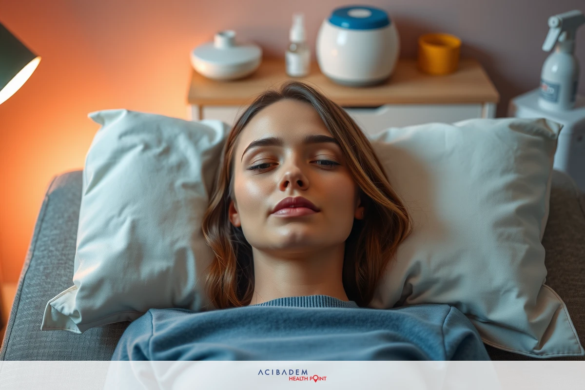 A woman lying on her back in a medical examination room with medical equipment and supplies around her.