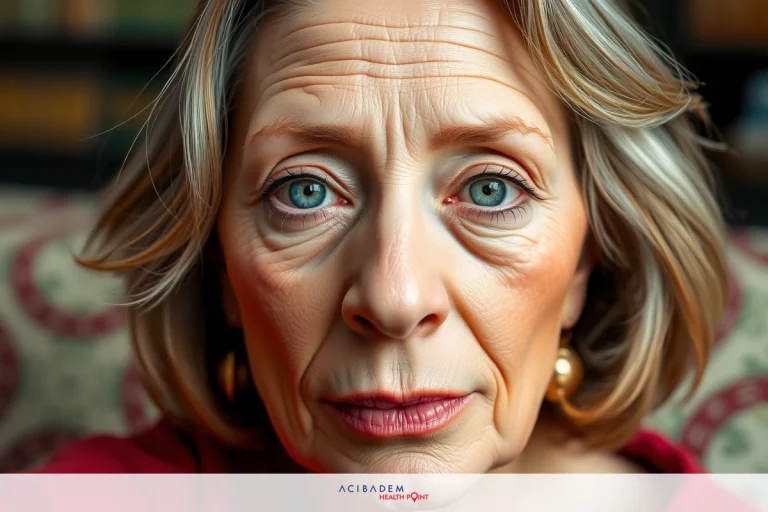 The image features a middle-aged woman with fair skin and graying hair. She has blue eyes and is looking directly at the camera with an introspective expression.