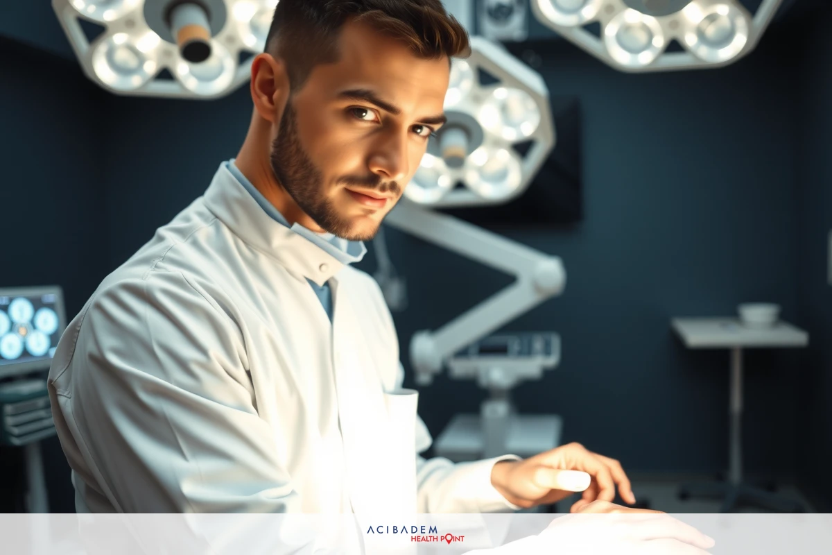 The image shows a man, possibly a surgeon or medical professional, standing in an operating room environment. He is dressed in white surgical attire, suggesting a clinical setting. The man has short hair and appears focused on something.