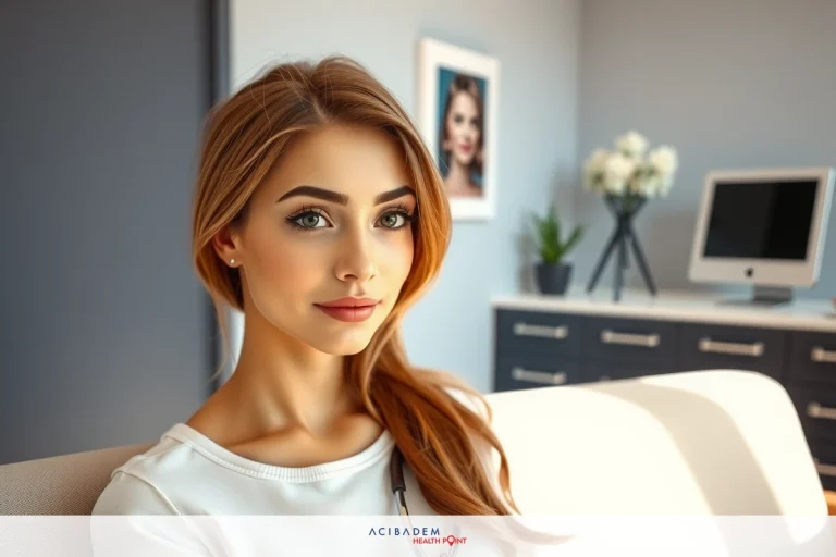 The image shows a young woman seated in an office environment. She is wearing makeup, has her hair styled in loose waves, and is looking directly at the camera with a slight smile.