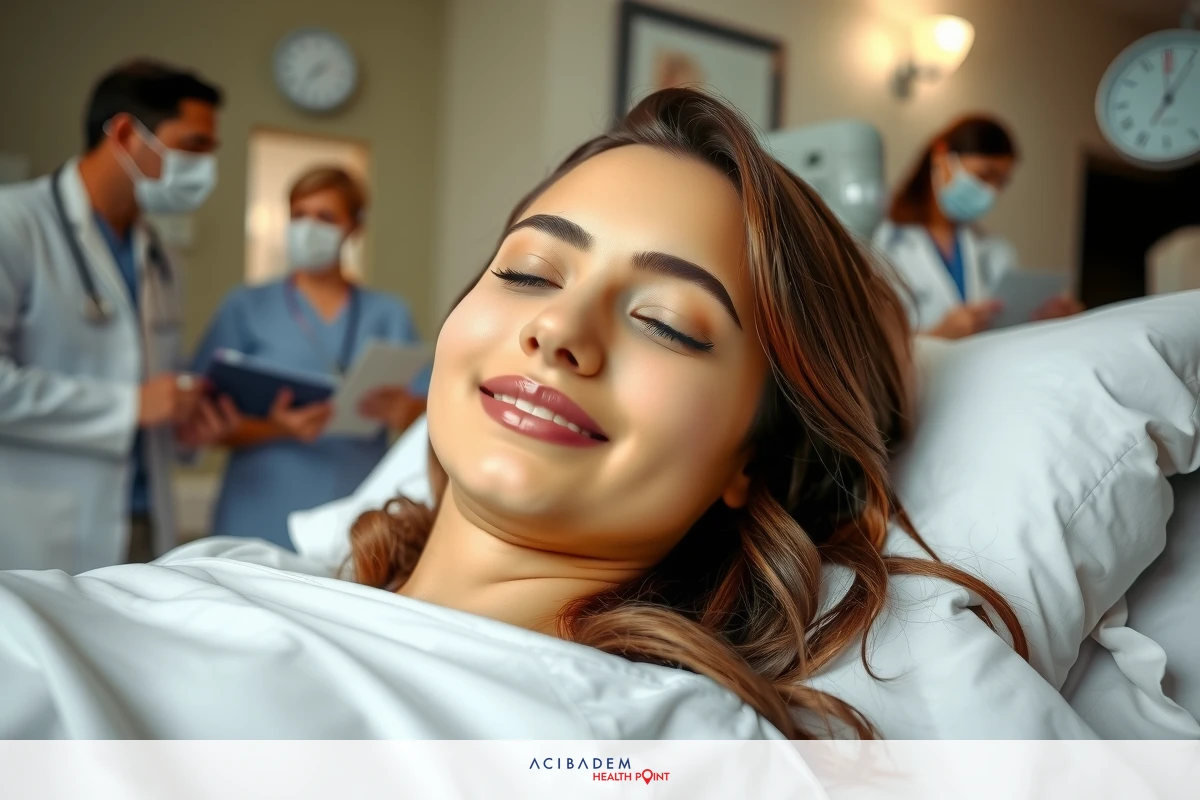 The image shows a woman lying in a hospital bed. She appears to be smiling or laughing, suggesting that she is comfortable and possibly receiving good news from the medical staff around her.