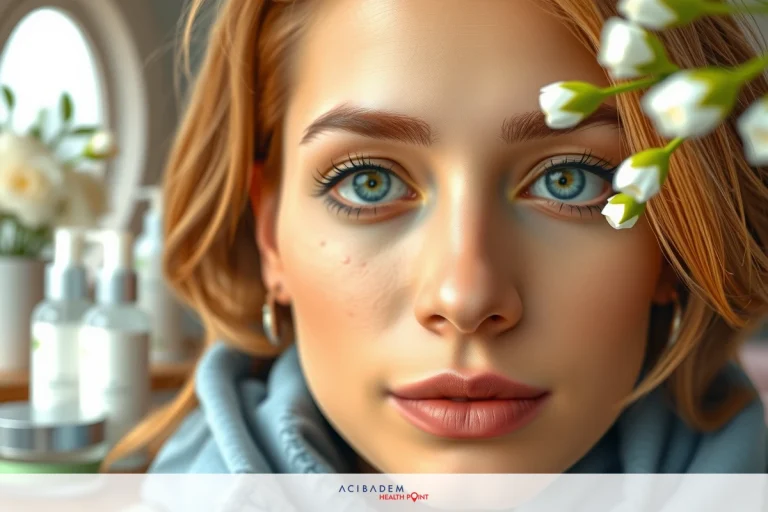 How to Cover Bruises After Rhinoplasty A young woman with fair skin and striking blue eyes. She has her hair parted down the middle, wearing makeup that accentuates her eyebrows and lips.