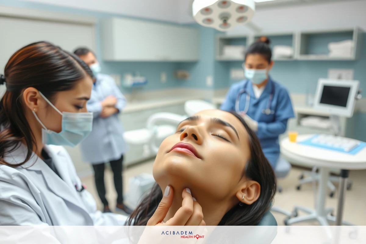 The image shows a professional setting, likely a clinic. In the foreground, there is a woman seated in an examination chair, receiving some form of treatment or consultation from a medical professional who is standing close to her.