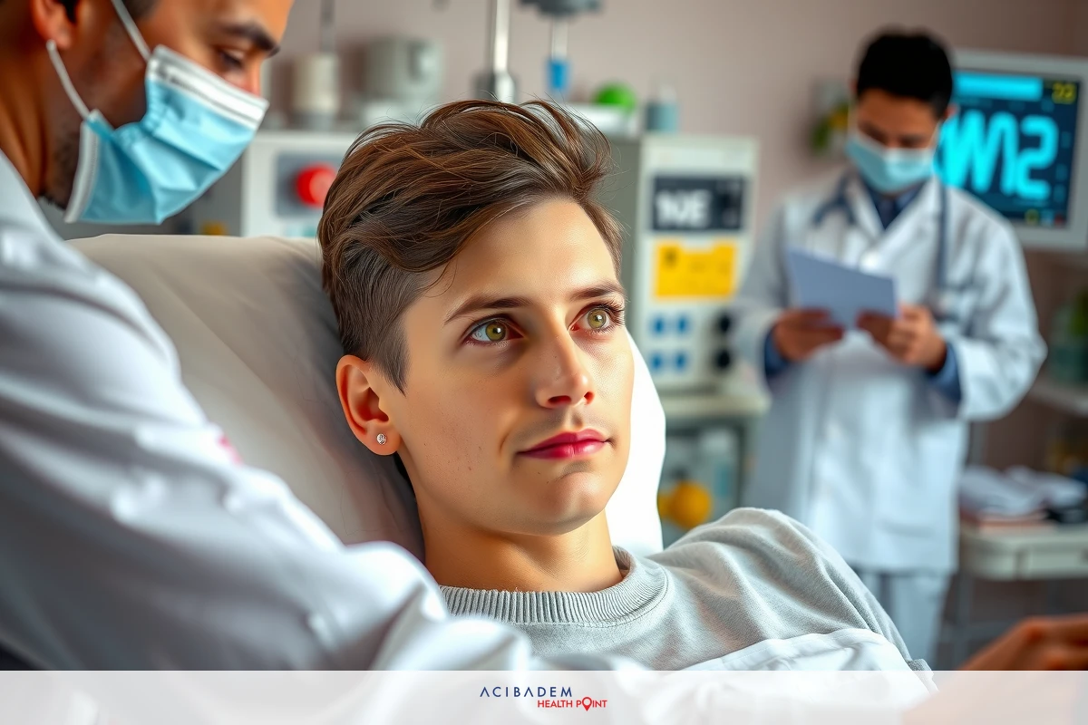 The image depicts a medical setting with several individuals. In the foreground, there is a patient on a hospital bed, and being attended to by a healthcare professional.