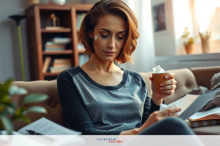 A woman sitting on a couch in an indoor room, holding a cup. She is wearing a grey long-sleeve shirt and seems to be multitasking between reading and possibly working or studying, with books and papers nearby.