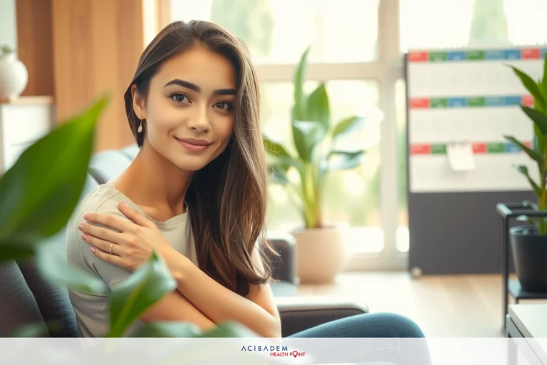 How Much Does Rhinoplasty Cost in Orange County CA A woman in a professional setting with plants, couches, and potted plants. She is sitting, smiling, and holding her hands on her shoulder.