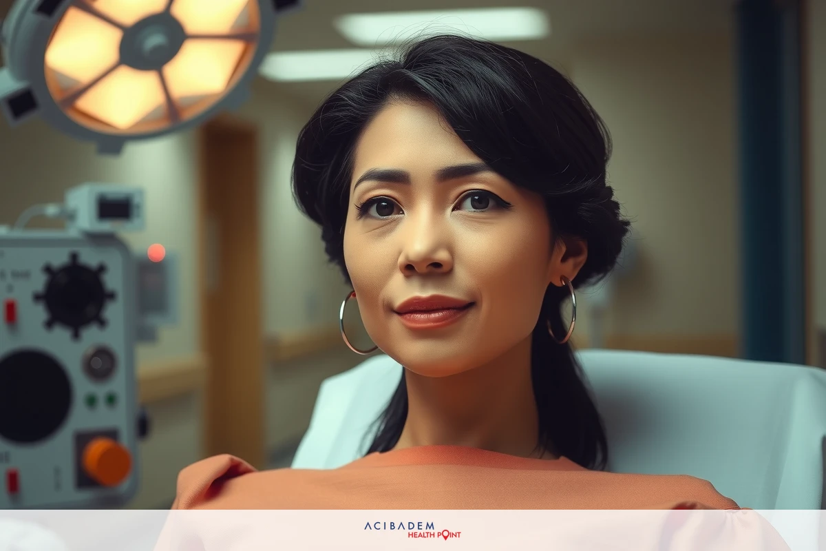The image depicts a woman in a hospital environment, lying on a medical bed. The setting includes medical equipment such as monitors and what seems to be surgical lights above the bed.