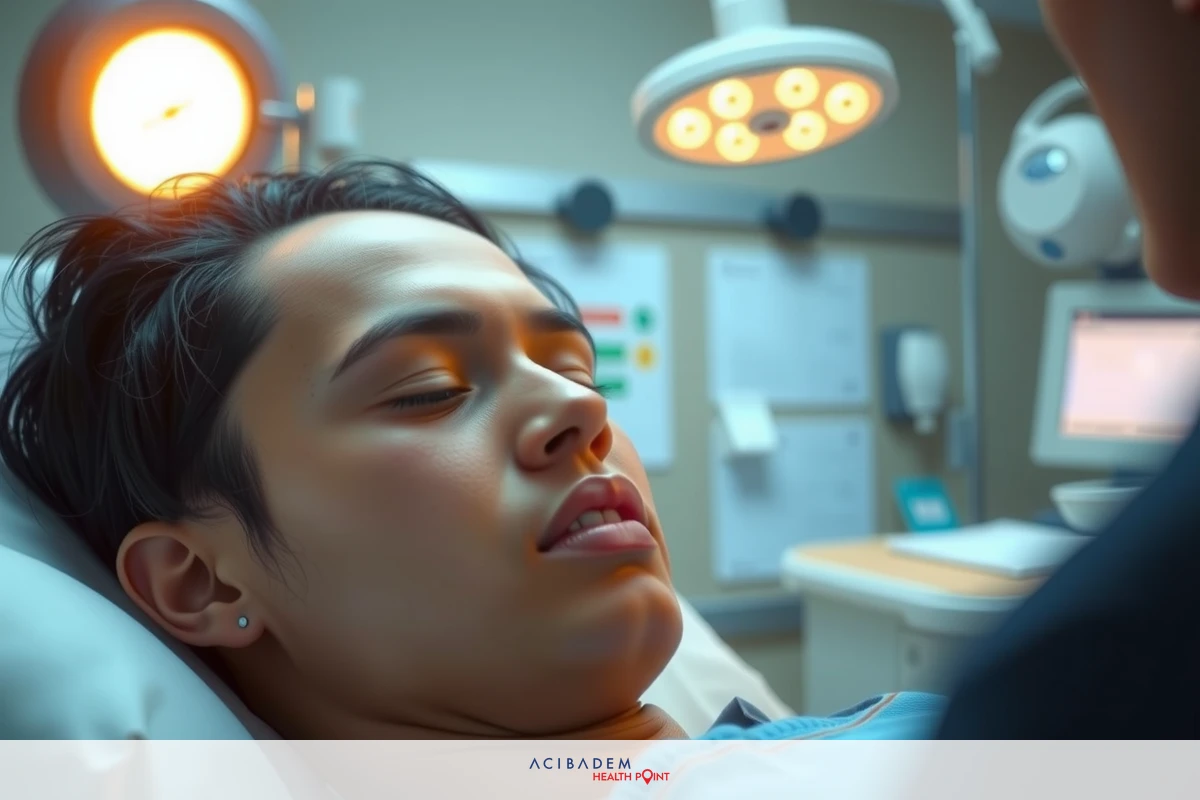 In the image, there is a person lying in a hospital bed under medical lights. Their eyes are closed, suggesting they might be unconscious or sedated for medical purposes. The room appears to be well-equipped with medical equipment.