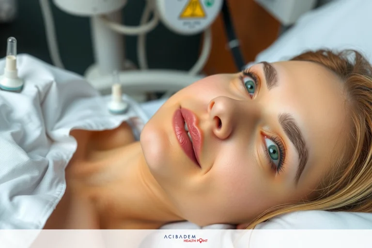 The image features a woman lying down on a hospital bed with medical equipment. She appears to be receiving some form of treatment or monitored by machines. The room has a clinical atmosphere and is designed for patient care.