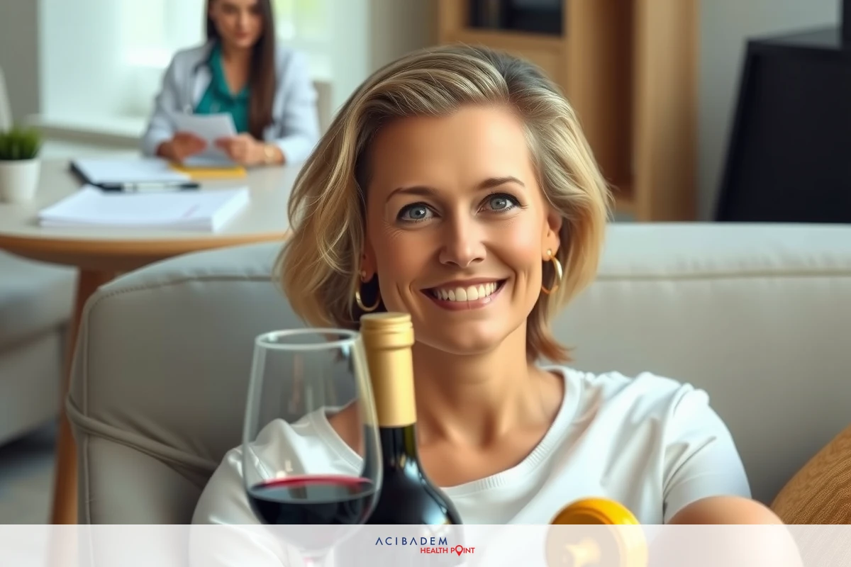 A blonde woman is seen in a room, sitting on a couch. She's smiling and holding a glass of red wine.
