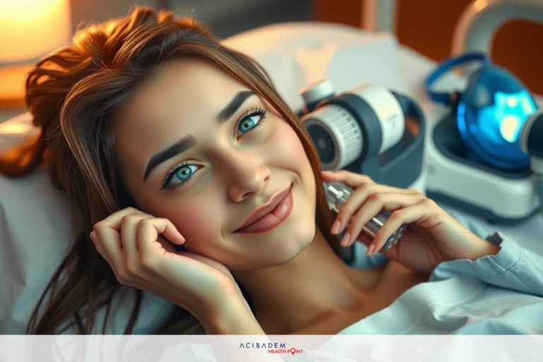 The image shows a woman lying in what appears to be a medical setting, such as a hospital bed. She is smiling and holding her face with both hands. There are various pieces of medical equipment around her.