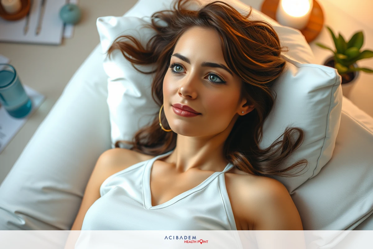 The image depicts a woman lying down in what appears to be a bedroom environment. The woman is wearing a white top, and her hair is cascading down onto the pillow she is resting on.