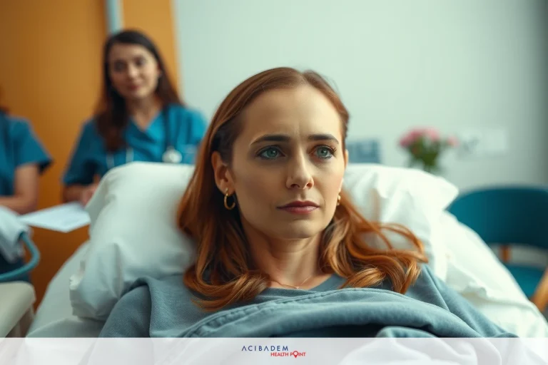 A young woman lying on a hospital bed with medical staff nearby. She appears concerned or worried.