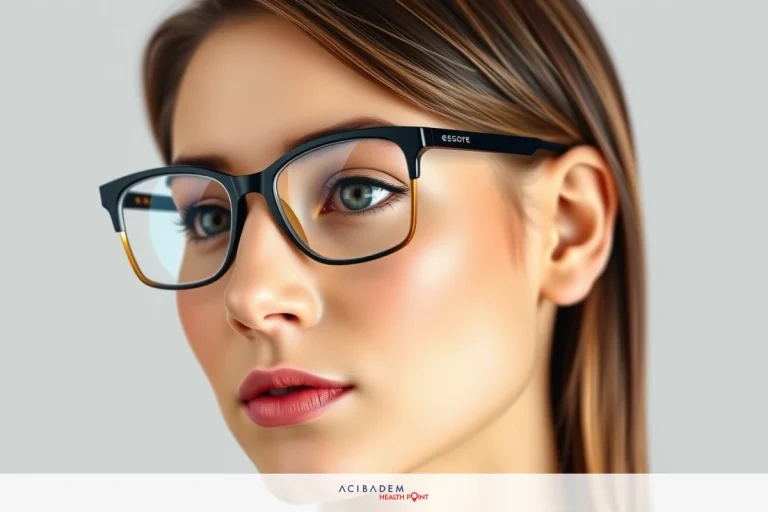 Can You Wear Glasses After Non Surgical Rhinoplasty The image shows a woman wearing glasses, with her gaze directed slightly to the side. Her features are highlighted by makeup and she has long hair. The focus is on her eyes and expression.
