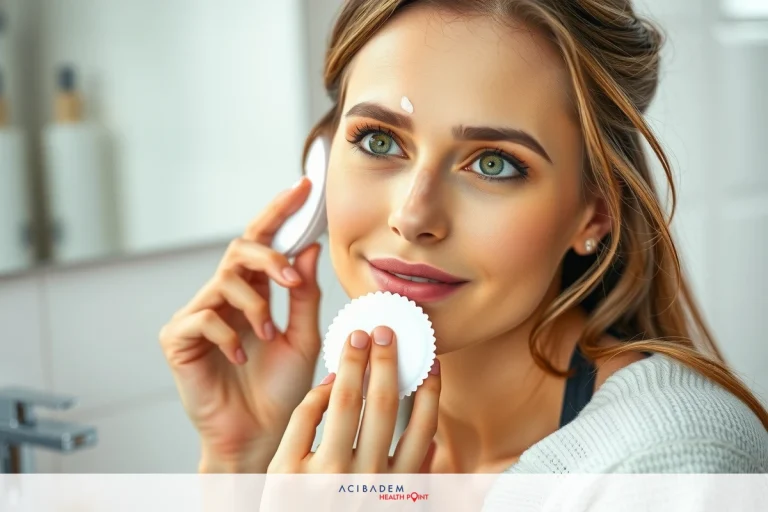 The image depicts a woman in the act of applying skincare or makeup. She is holding a white, textured product near her lips, possibly applying it as part of her routine.