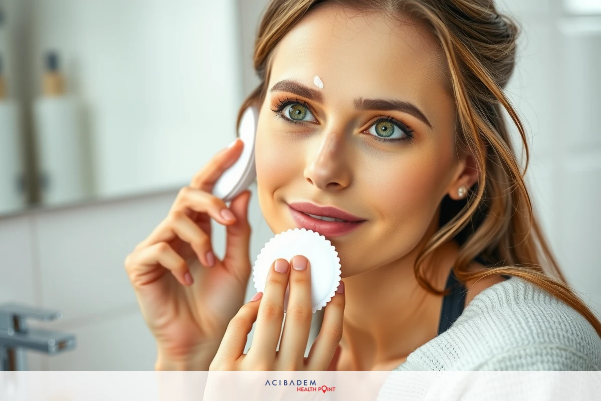 The image depicts a woman in the act of applying skincare or makeup. She is holding a white, textured product near her lips, possibly applying it as part of her routine.