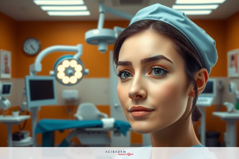 The image shows a young woman in an operating room, wearing a surgical uniform. She is looking directly at the camera with a slight smile. The room is equipped for medical procedures with multiple pieces of medical equipment visible.