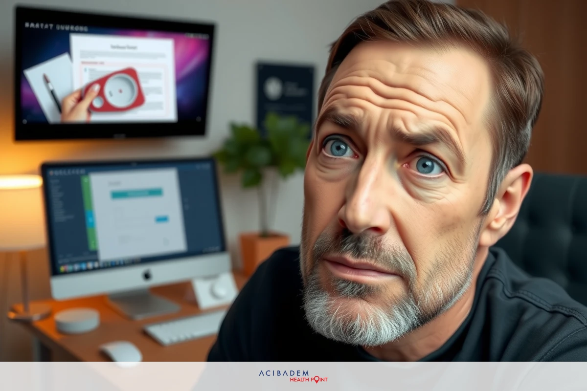 The image features a man with a mustache and beard, wearing a black t-shirt. He is seated in an office environment with a desk that includes a computer, keyboard, mouse, and other electronic equipment.