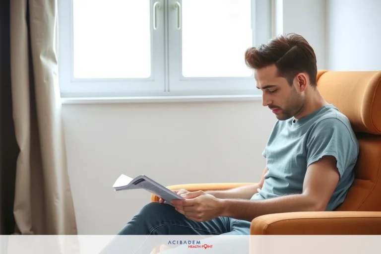 Man sitting in chair, focused on reading a paper or document. He is wearing a casual grey t-shirt and jeans, with a slight smile on his face, suggesting a relaxed, comfortable atmosphere.