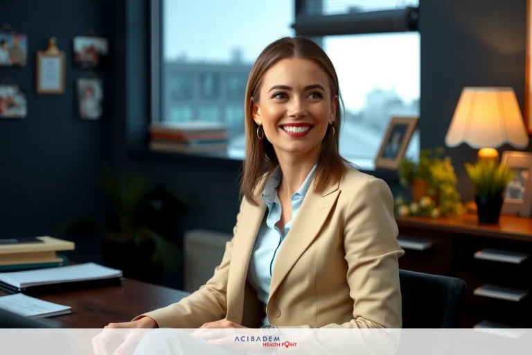 The image shows a woman seated at an office desk. She is wearing a light-colored blazer and appears to be smiling. The office environment includes furniture typical for such settings like chairs, a table, and various items on the walls that could indicate a professional atmosphere.