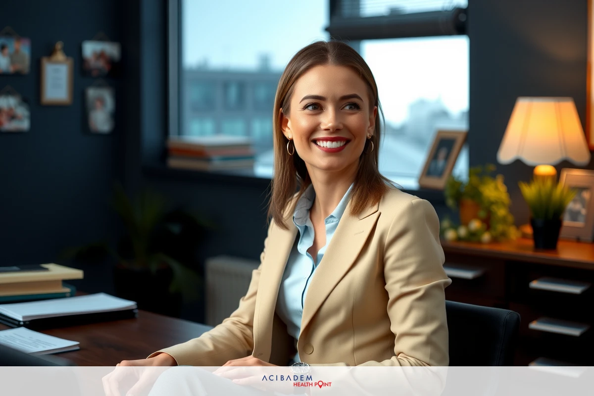 The image shows a woman seated at an office desk. She is wearing a light-colored blazer and appears to be smiling. The office environment includes furniture typical for such settings like chairs, a table, and various items on the walls that could indicate a professional atmosphere.