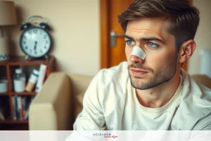 The image shows a man sitting on a couch, looking down at his face with a concerned expression. He has a small bandage on his nose.