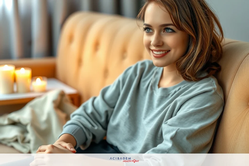 Should Guys Get Rhinoplasty A smiling woman sitting on a couch, wearing a gray top. She has her hands clasped together and is surrounded by candles.