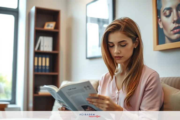 Is Revision Rhinoplasty Covered by Insurance? A woman is sitting on a couch, reading a book. The room has a modern feel with a neutral color palette, and there's a window providing natural light.