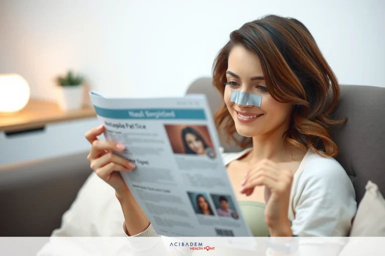 A woman is sitting on a couch and reading an advertisement. She has a nose ring, and there's a potted plant in the background.