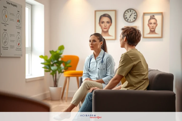 Is It Ok to Take Cialis Before Rhinoplasty Two people seated in a medical office, engaged in conversation with a healthcare professional. The setting includes modern furniture and decor elements.
