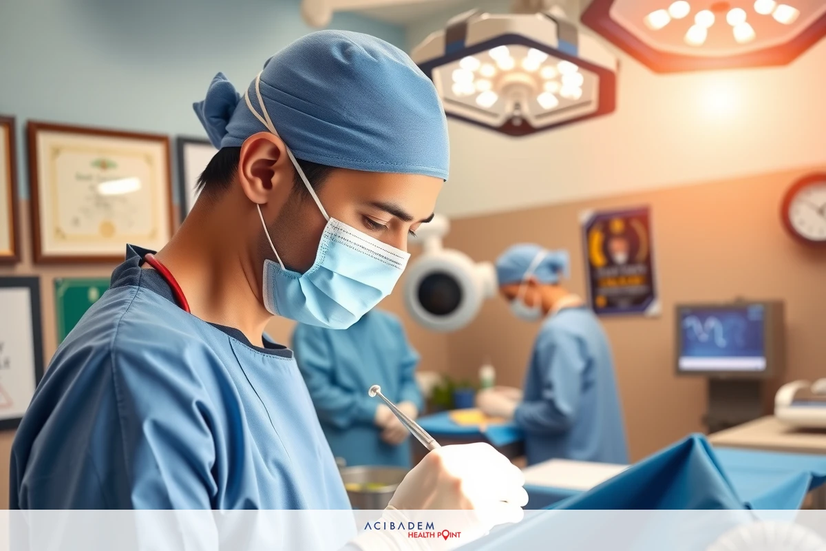 The image shows a medical scene with several surgical staff dressed in blue scrubs. In the foreground, one surgeon is wearing a full surgical gown and cap. The background reveals an operating room setting with various medical equipment and monitors.