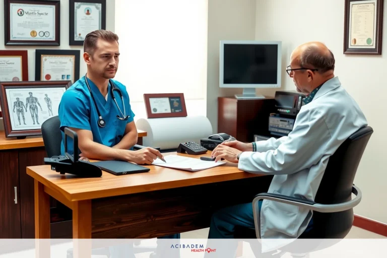 A medical consultation scene. A male doctor, wearing blue scrubs and a stethoscope around his neck, is seated at a desk with computer monitors in the background. He appears to be discussing medical matters with another male doctor dressed in professional attire standing across from him.