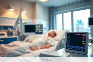 The image depicts an interior hospital room with medical equipment. A patient is lying in a bed, connected to various machines for monitoring, such as a heart rate monitor. The environment suggests a medical facility with an emphasis on technology and patient care.