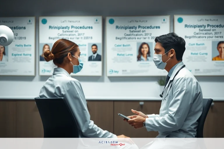 The image depicts a professional office environment with two individuals, presumably medical professionals, engaged in what appears to be a discussion or consultation. The focus is on the face-to-face interaction between them, possibly about health or medical procedures. Both are wearing surgical masks and gloves, suggesting adherence to hygiene protocols. The office is modern and clean, with informative posters adorning the walls that could be related to medical services or treatments offered by the clinic. Overall, the atmosphere conveys a sense of professionalism.