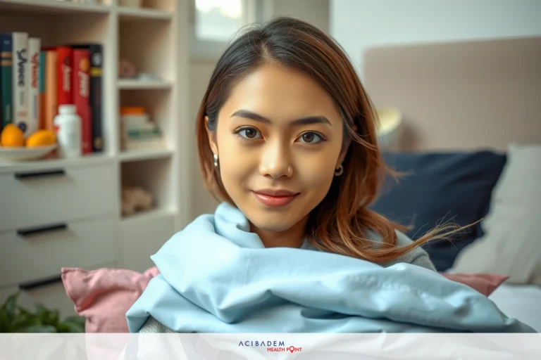 A woman in a bedroom smiling and posing for the camera, with warm tones and comfortable home environment.