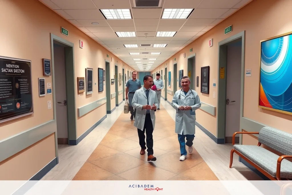 Is it Safe to Have Rhinoplasty in Turkey? Two medical professionals wearing scrubs, walking down a hospital corridor. The hallway is brightly lit with signs and decorations on the walls.