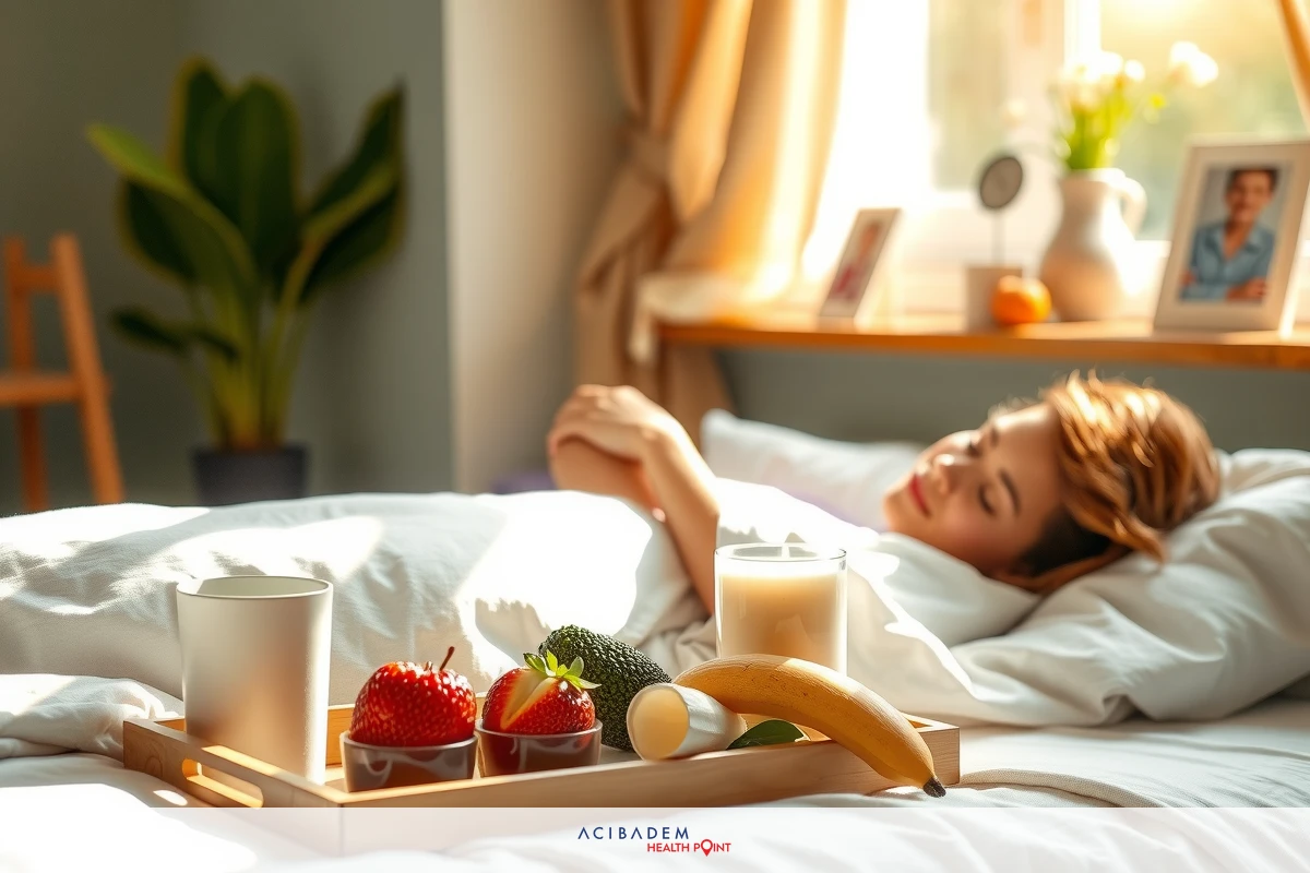 The image shows a person lying comfortably in bed. They are surrounded by various fruits and possibly vegetables, arranged on a tray beside them. The room appears to be a cozy domestic setting with soft lighting coming through the window. The focus is on the individual's relaxed posture and the assortment of healthy food items nearby.