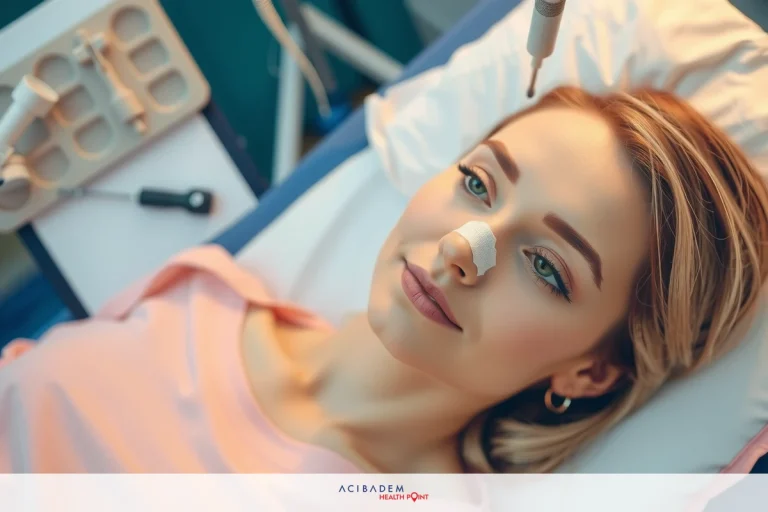 How is Tip Rhinoplasty Performed? The image shows a person lying on their back in a medical setting, possibly during an examination or treatment. There are various pieces of medical equipment in the background, including monitors and cables connected to these devices.